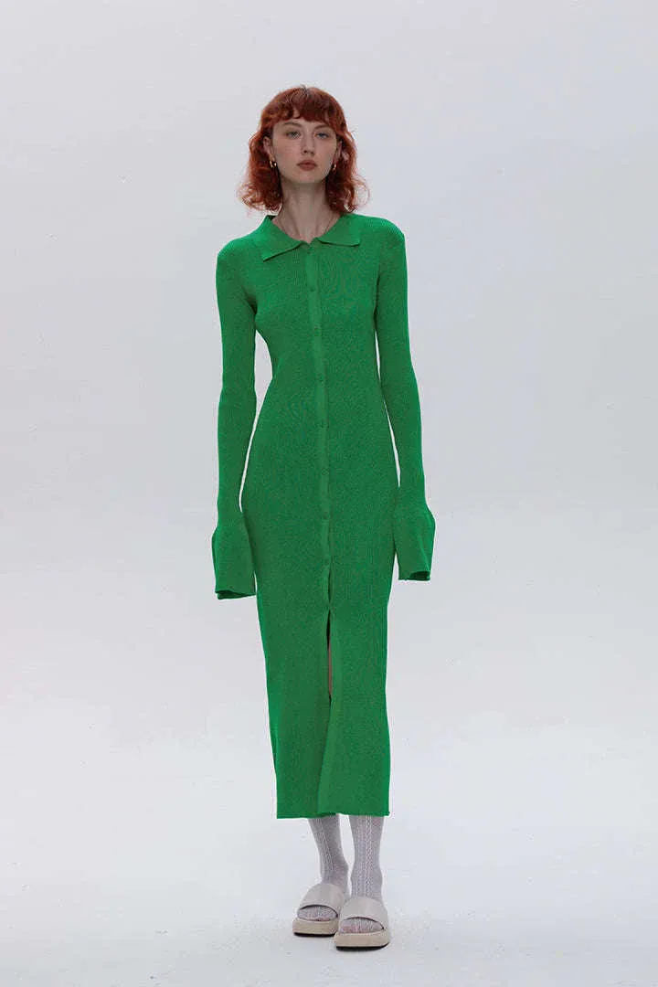Shell Sleeve Ribbed Buttons Down Maxi Dress